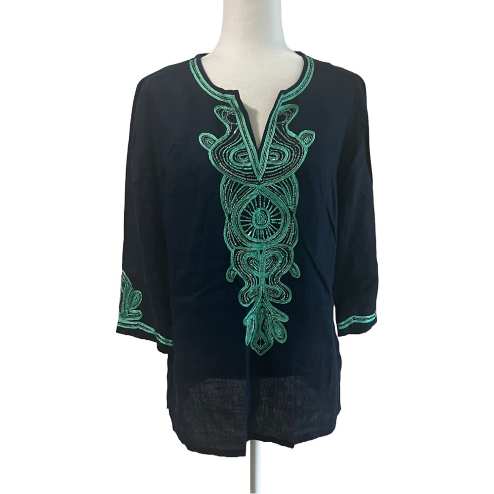 Charter Club Navy Tunic with Teal Embroidery